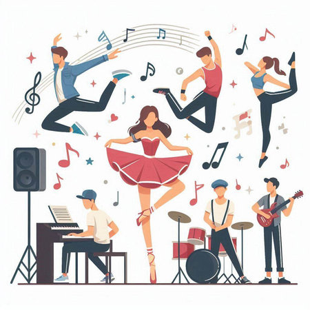 Musicians and musicians performing on stage, flat vector illustration isolated on white background.のイラスト素材