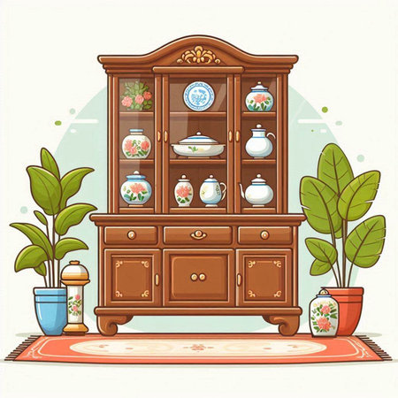 Illustration of an old-fashioned cabinet with porcelain dishes.のイラスト素材