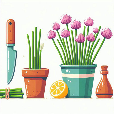 Flowers in pots and knife. Vector illustration in cartoon style.のイラスト素材