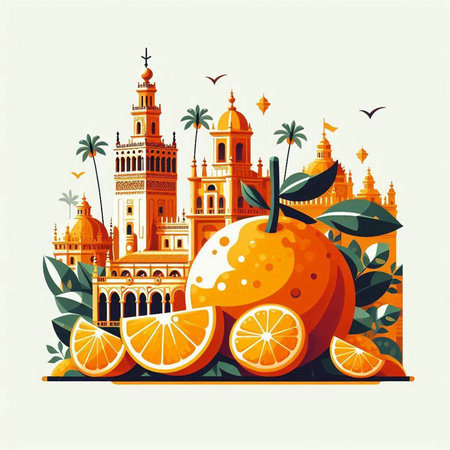 Citrus background with mosque, oranges and palm leaves. Vector illustration.のイラスト素材