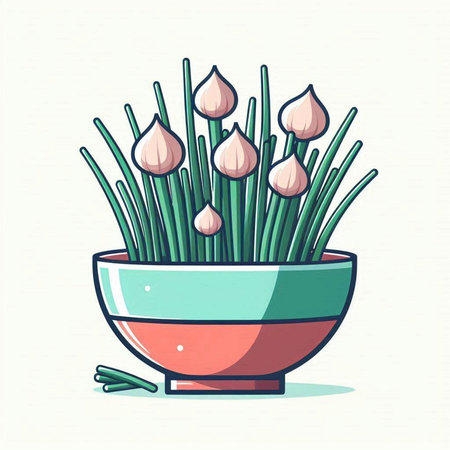 Flowerpot with chives. Vector illustration in cartoon style.のイラスト素材