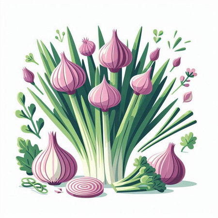 Garlic, onion, parsley, dill. Vector illustration.のイラスト素材