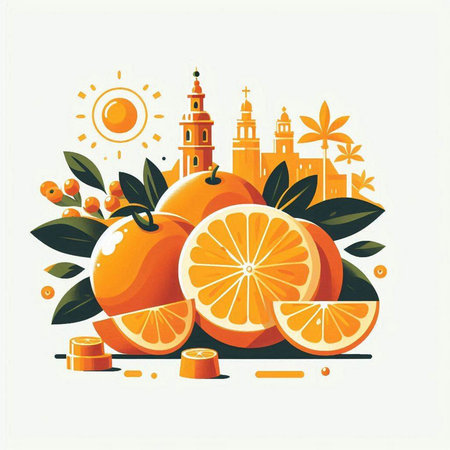 Vector illustration of oranges and buildings on a white background. Vector illustration.のイラスト素材