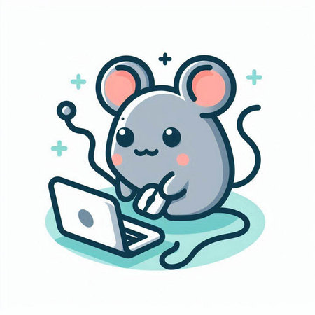 Mouse with laptop. Cute mouse cartoon character. Vector illustration.のイラスト素材