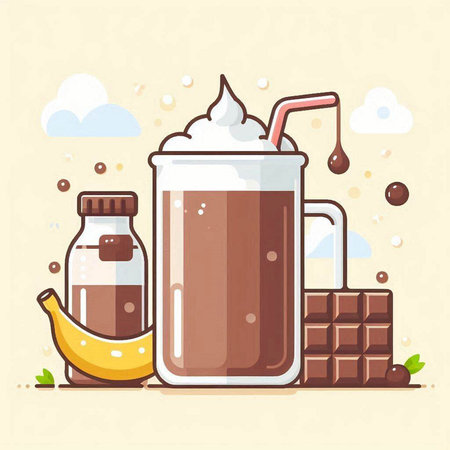 Vector illustration of a glass of chocolate smoothie with ice cream, banana and milk.のイラスト素材