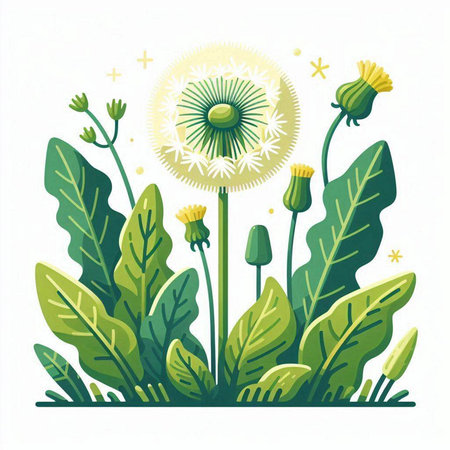 Dandelion. Vector illustration of dandelion flowers with leaves.のイラスト素材