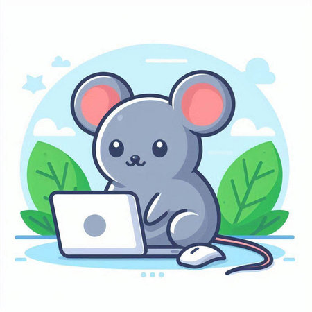 Cute mouse with laptop. Vector illustration in a flat style.のイラスト素材
