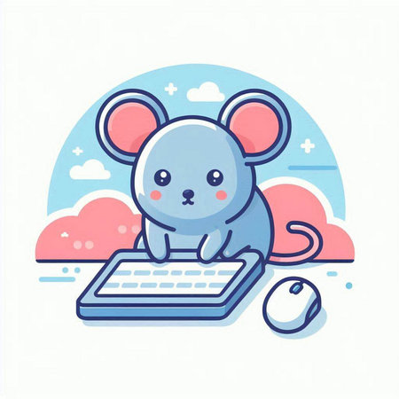 Cute mouse with computer. Vector illustration in a flat style.のイラスト素材