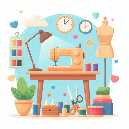 Sewing workshop flat design vector illustration. Workplace with sewing machine, scissors, tape measure, pins, fabric, buttons and other tools.のイラスト素材