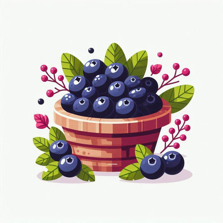 Bowl of blueberries with leaves and berries. Vector illustration.のイラスト素材