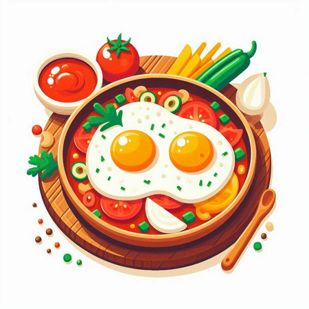 Fried eggs in a frying pan with vegetables. Vector illustration.のイラスト素材