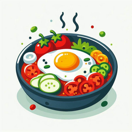 Fried egg in a frying pan with vegetables. Vector illustration.のイラスト素材