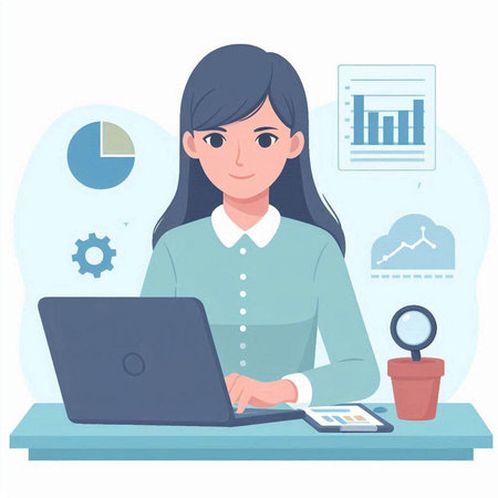Young businesswoman working on laptop at office. Vector illustration in flat styleのイラスト素材
