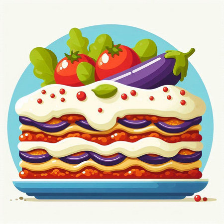Vegetable lasagna with eggplant, tomato, cheese and sauce. Vector illustration.のイラスト素材