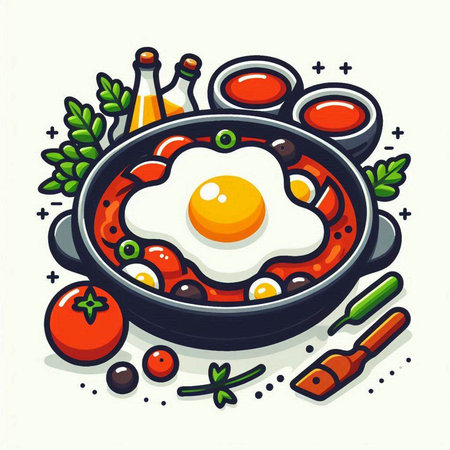 Fried egg in a frying pan with vegetables. Vector illustration.のイラスト素材