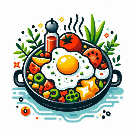 Fried eggs with vegetables in a frying pan. Vector illustration.のイラスト素材