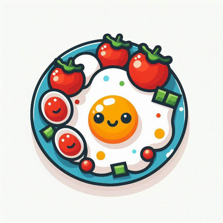 Fried egg with tomato and cucumber on plate. Vector illustration.のイラスト素材