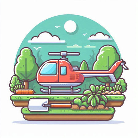 Helicopter in the park. Vector illustration in flat style.のイラスト素材
