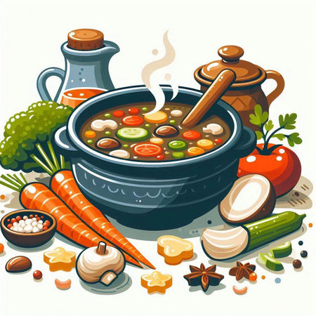 Vegetable soup in a pot with ingredients for cooking. Vector illustrationのイラスト素材