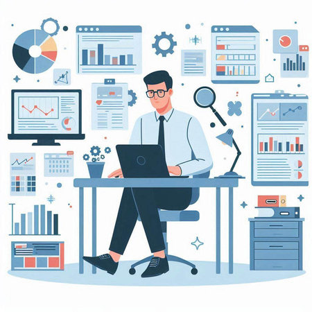 Businessman working on laptop in office. Vector illustration in flat styleのイラスト素材