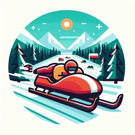 Snowmobile in the winter forest. Vector illustration in flat style.のイラスト素材