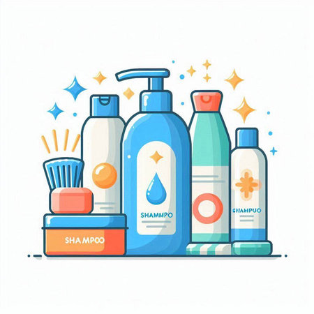 Set of cosmetic products. Shampoo, lotion, cream, shower gel, cream, lotion. Vector illustration in flat styleのイラスト素材