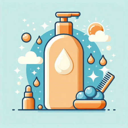 Vector illustration of a bottle of liquid soap, shampoo, conditioner, shower gel, hair brush and bubbles.のイラスト素材