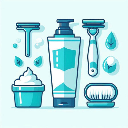 Vector illustration of a lotion bottle, shampoo, shower gel, shaving razor, brush, hair conditioner.のイラスト素材