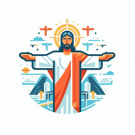 Jesus Christ in the cross on the background of the church. Vector illustrationのイラスト素材