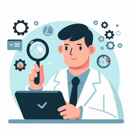 Vector illustration of a male doctor with a magnifying glass and a laptopのイラスト素材