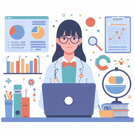 Vector illustration of a young female doctor sitting at the desk with laptop.のイラスト素材