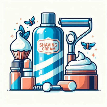 Vector illustration of shaving equipment. Shaving gel, razor, cream, shaver, cream.のイラスト素材