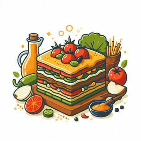 Illustration of a stack of lasagna with tomato, cucumber, cheese, lettuce, tomato, onion, olive oil.のイラスト素材