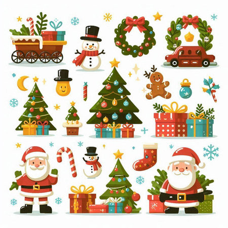 Christmas and New Year set. Santa Claus, Christmas tree, snowman, train, gifts, snowflakes, candy canes, snowman. Vector illustrationのイラスト素材