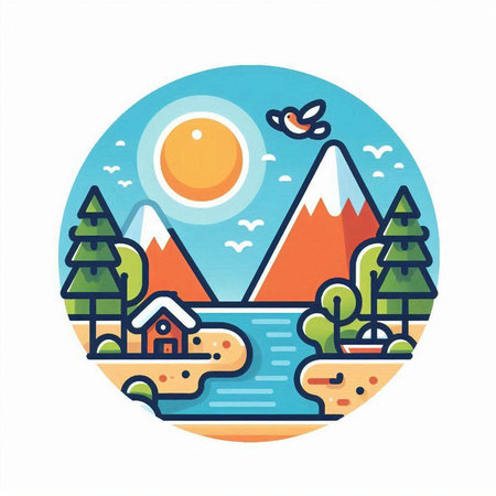 Landscape with mountains, lake, house and bird. Flat vector illustration.のイラスト素材