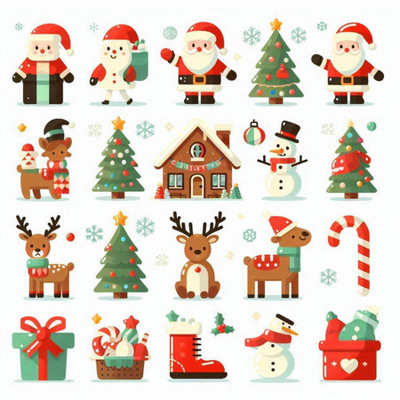 Merry Christmas and Happy New Year. Set of Santa Claus, Reindeer, Christmas tree, snowman, candy cane, snowman, house, gift. Vector illustrationのイラスト素材
