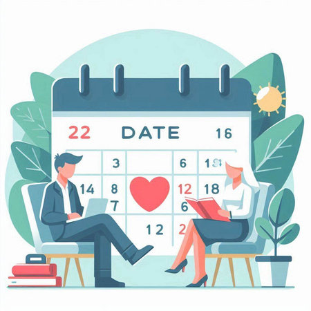 Calendar with date, man and woman sitting on chairs, vector illustration.のイラスト素材