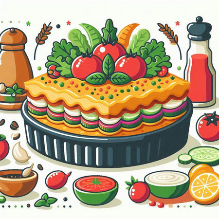 Vector illustration of a pie with tomato, cucumber, radish, lettuce and mayonnaiseのイラスト素材