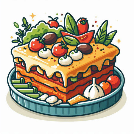 Illustration of a piece of lasagna on a plate with ingredientsのイラスト素材