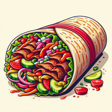 Tortilla wrap with meat, vegetables and spices. Vector illustration.のイラスト素材