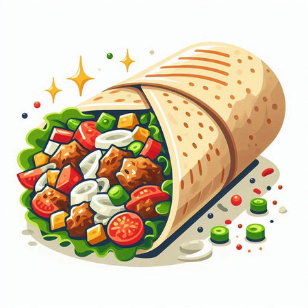 Tortilla with meat and vegetables. Vector illustration on white background.のイラスト素材