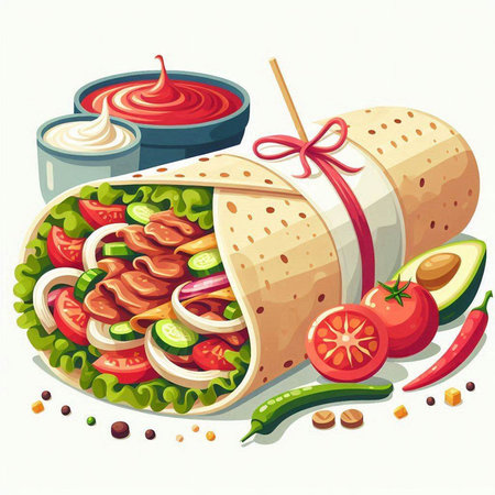 Tortilla wrap with meat, vegetables and sauces. Vector illustration.のイラスト素材