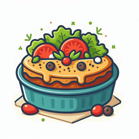Illustration of a pie with cherry tomatoes in a baking dish.のイラスト素材