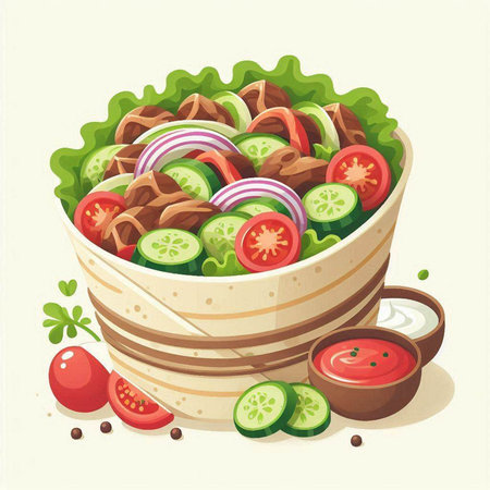 Illustration of a bowl of salad with lettuce, tomato, onion and mayonnaiseのイラスト素材