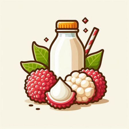 Litchi fruit and milk in a bottle. Vector illustration.のイラスト素材