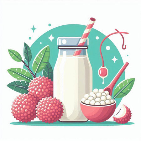 Lychee and milk in a glass bottle. Vector illustration.のイラスト素材
