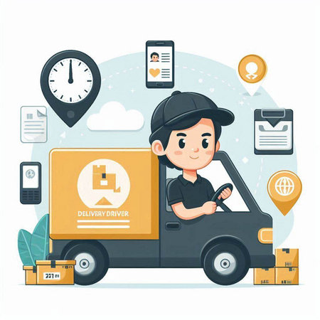 Delivery service concept. Courier in uniform delivering parcel. Vector illustration.のイラスト素材