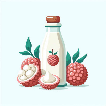 Lychee milk in a glass bottle with fresh fruits. Vector illustration.のイラスト素材