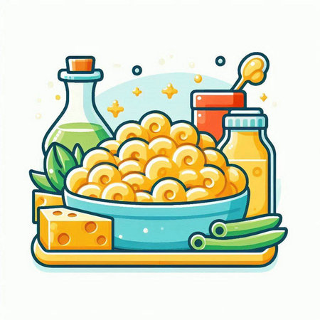 Vector illustration of macaroni in bowl with ingredients for cooking.のイラスト素材
