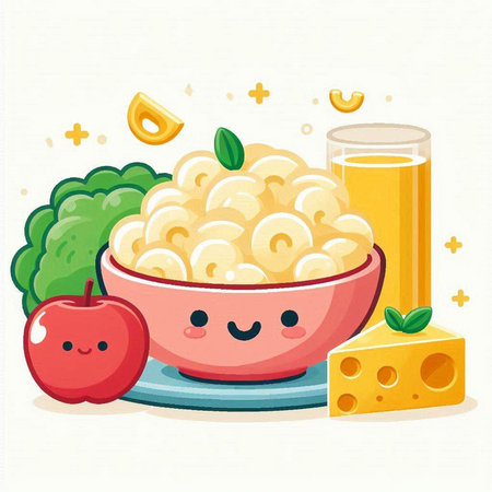 Illustration of a bowl of macaroni and cheese with a glass of juiceのイラスト素材